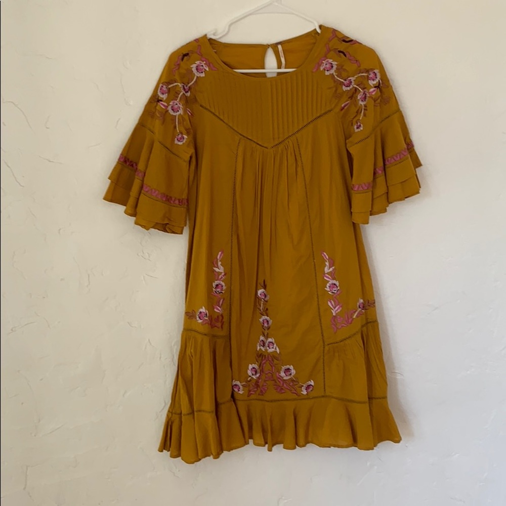 Free People Dress Embroidered with Bell Sleeve XS